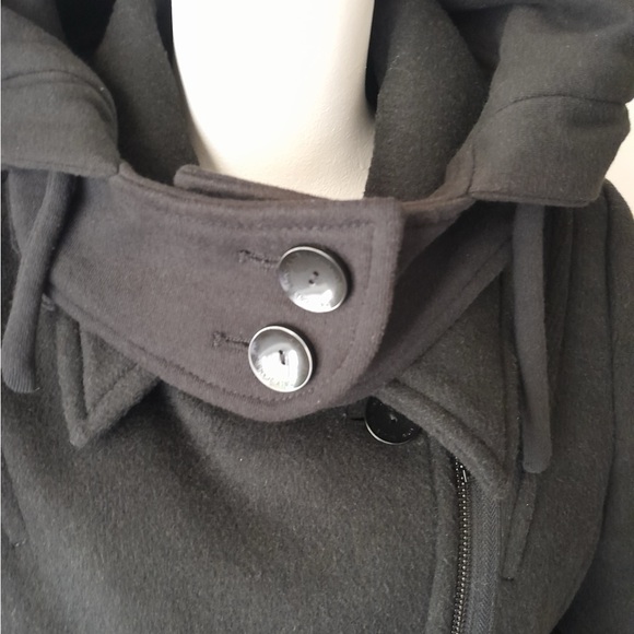 Only True Collection Streetwear Black Double breasted Hooded Wool blend Pea Coat - Picture 10 of 15